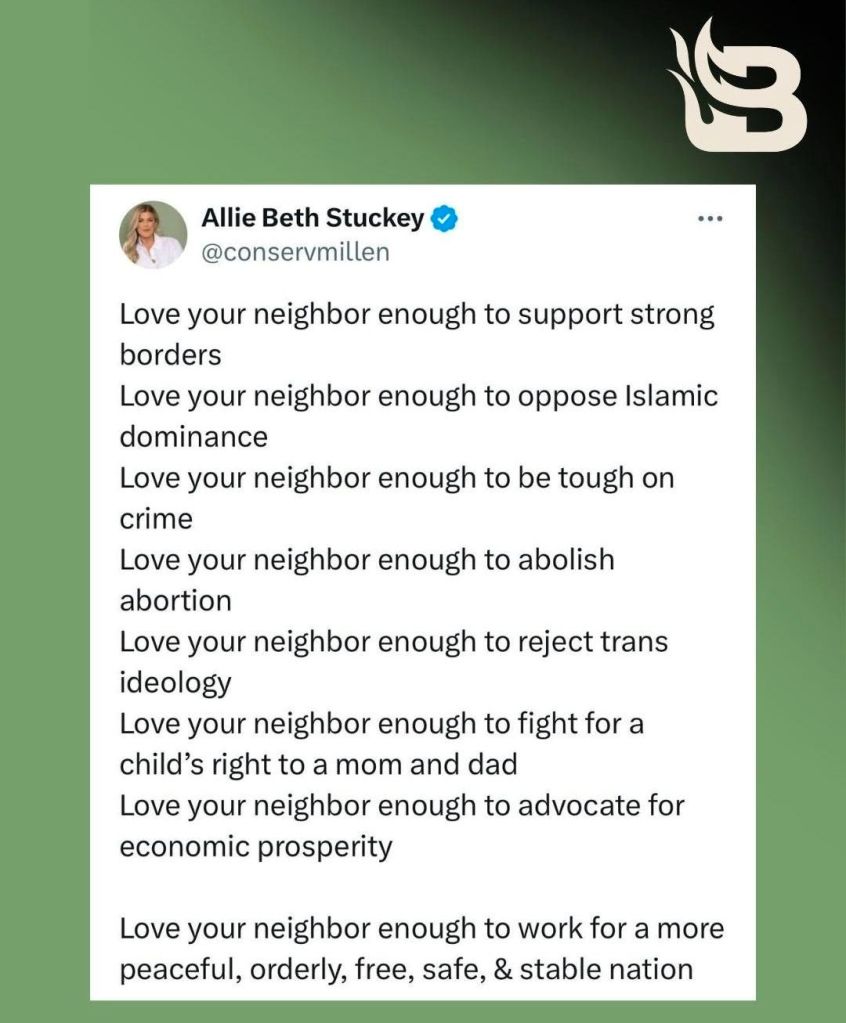 A screenshot of a facebook post from @conservmillen that responds to Jesus' "Love thy neighbor" charge with MAGA talking points. It ends with the statement, "Love your neighbor enough to work for a more peaceful, orderly, free, safe, & stable nation."